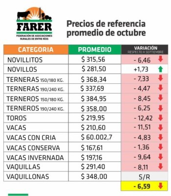 Octubre mostró una nueva caída de los precios de la hacienda en Entre Ríos