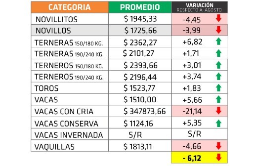 En promedio, la hacienda volvió a caer en septiembre